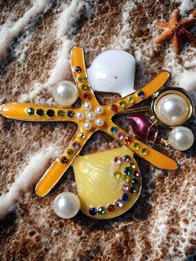 New Starfish & Seashell Brooch Orange and Gold Rhinestones and Faux Pearls